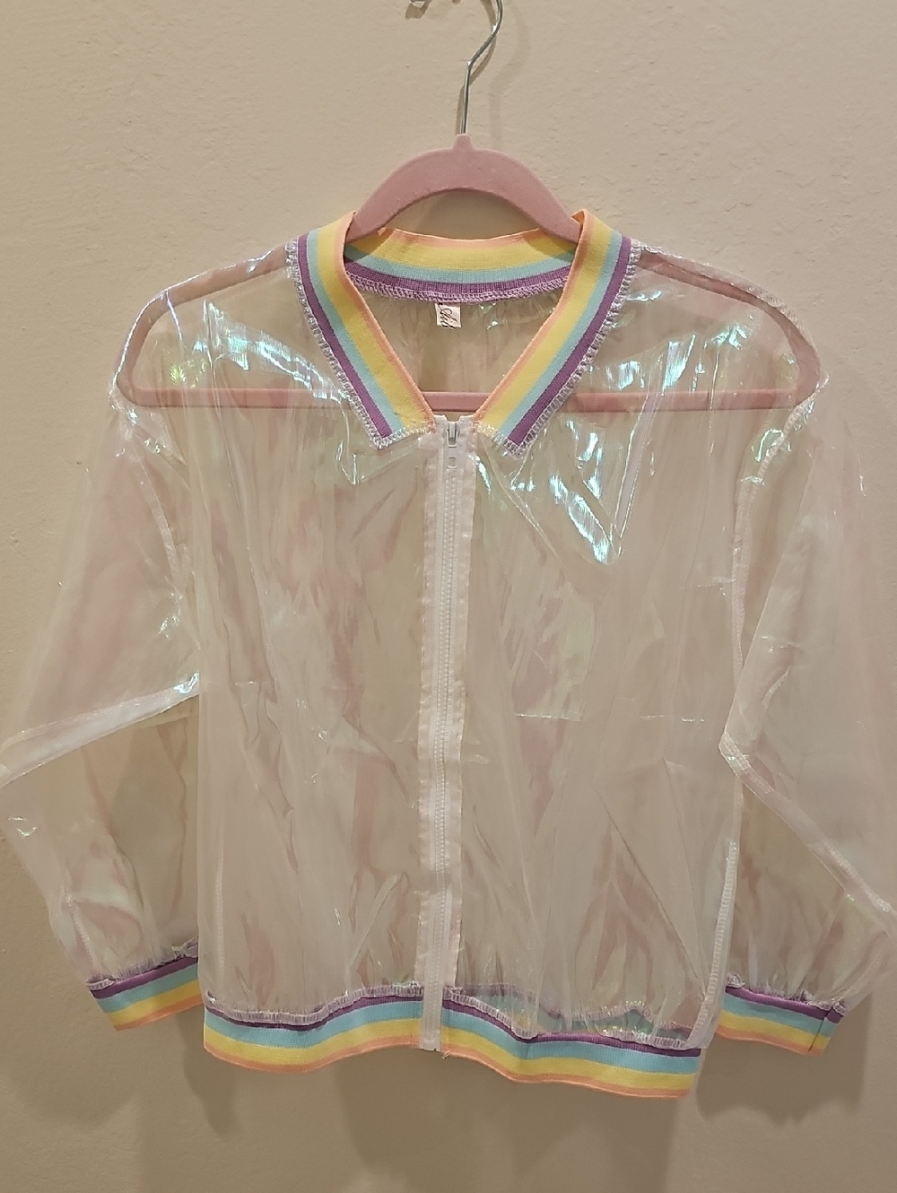 Clear Iridescent Bomber Jacket with Rainbow Trim